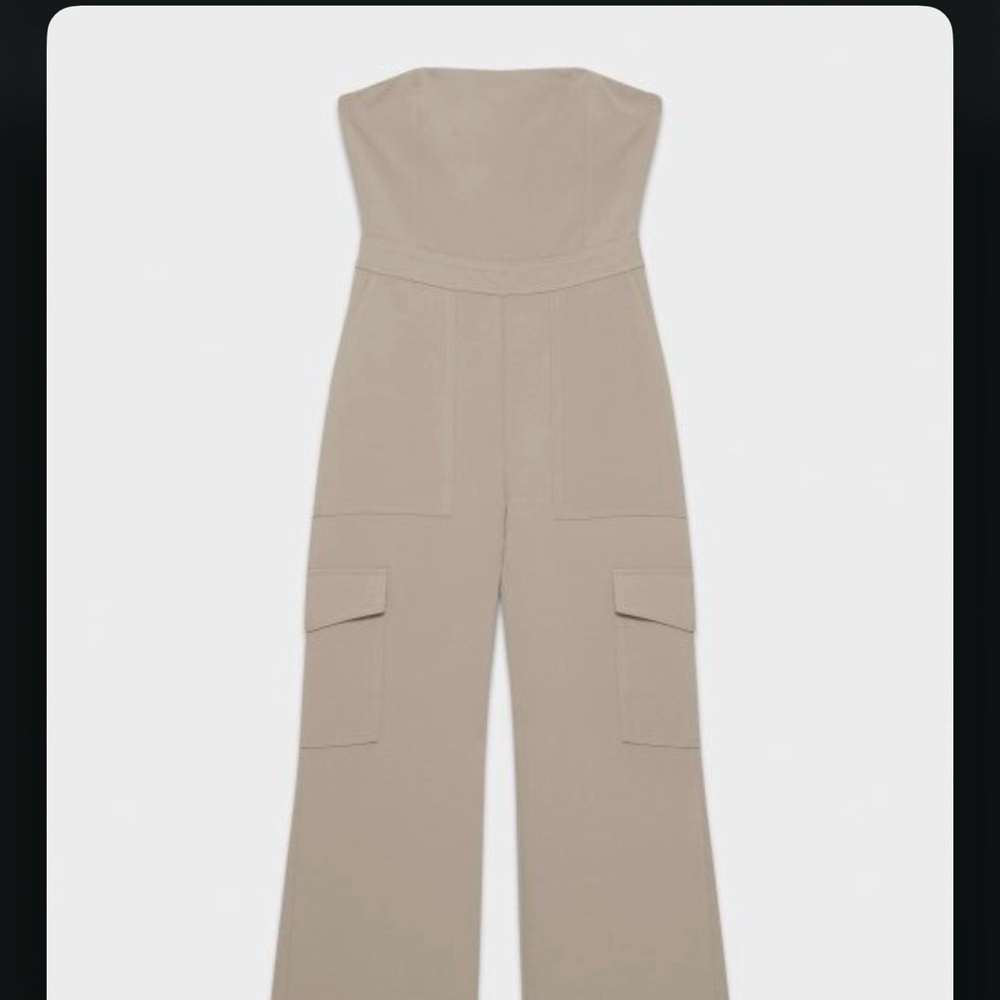Strapless Beige Cargo Jumpsuit with Pockets